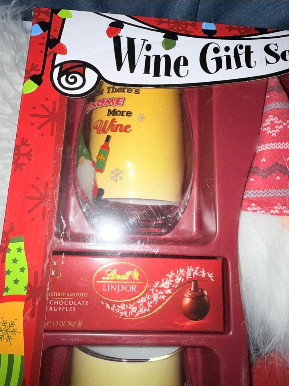 NWT’s Wine Gift Set with Festive Gnome Bottle Top & Yellow Glasses